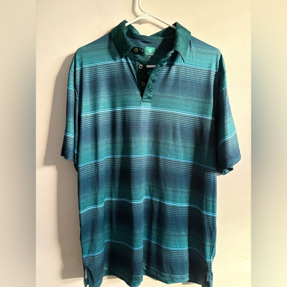 Pro Tour brand polo shirt  green striped pattern size M golf athletic
